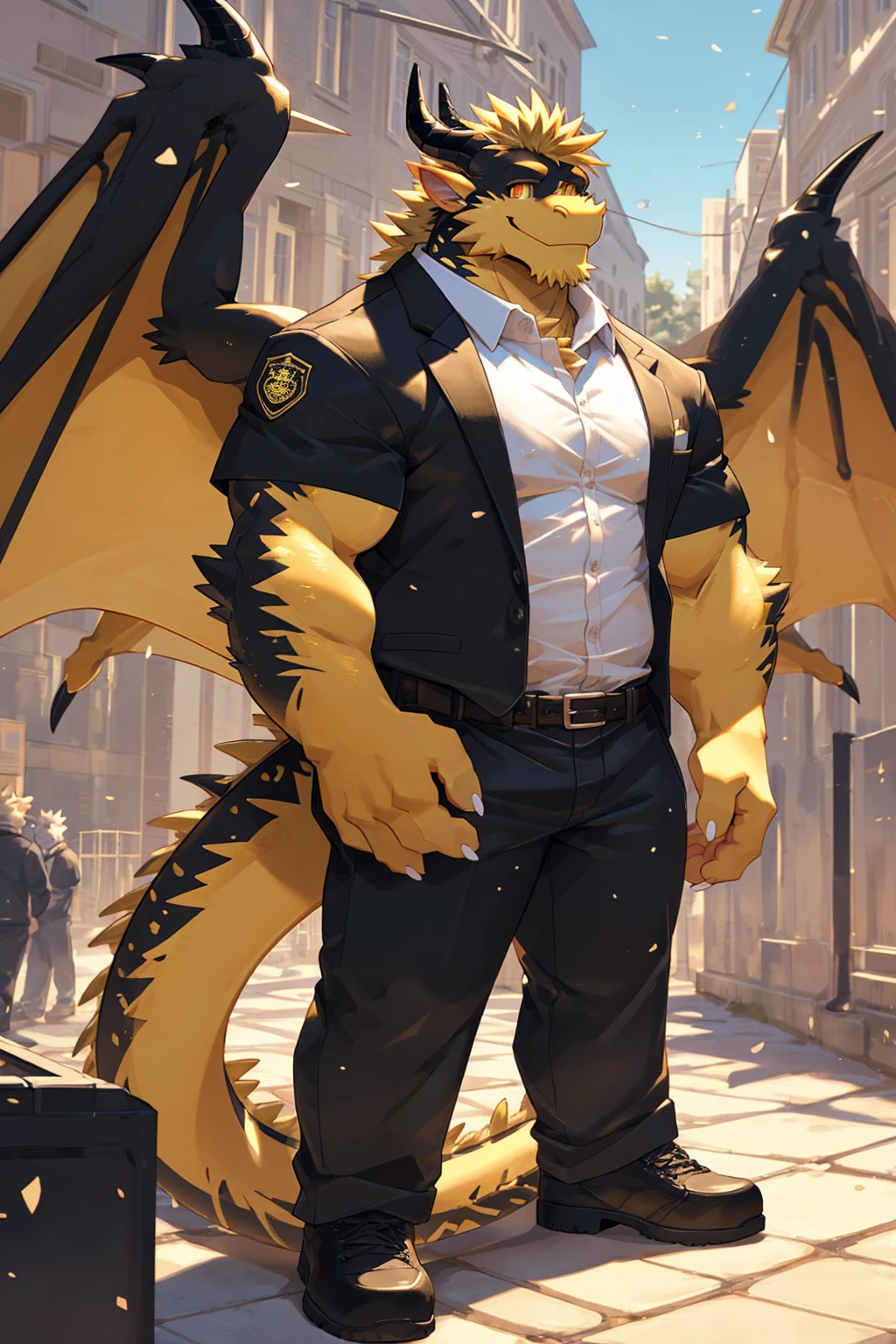 (sfw:1.5), male focus, security guard, Handsome 1boy, solitary,protrait photo, single, (White nails, White Paws:1.4), (blond hair:1.5), (Black and gold dragon wings, Huge black and gold dragon wings:1.3), Black and gold skin, (Black and gold tail:1.4), (Black horn, Black curved corners:1.4), (Black body:1.3), (All black:1.4), (Golden Chin, Golden neck:1.4), Golden chest, (perfect golden eyes:1.4), (Black scales:1.3),
Western Dragon, dragon, dragon boy, dragon body, feet, (big eyes, large eyes:1.4), (Chubby face, The body is huge, Larger face:1.3),
(Black short sleeve, White short-sleeved shirt, Black pants, Black short shoes, Black leather belt:1.4),
(full body:1.3), (Mature men:1.4), (Strong body, muscle,Strong male:1.3), (Thick arms:1.3), (Standing:1.4), (Looking at the audience, Focus, Eyes gaze:1.2), (Smile:1.4),
full background,ground, Blue sky, White Cloud, ground, School, School大门, security guard亭,
, Mysterious and romantic atmosphere, Caustic lines(refraction, polarization)Perfect anatomical structure, absurd, Detailed background, (Delicate eyes:1.3),Printing style。((artist:Takemoto Arashi))
