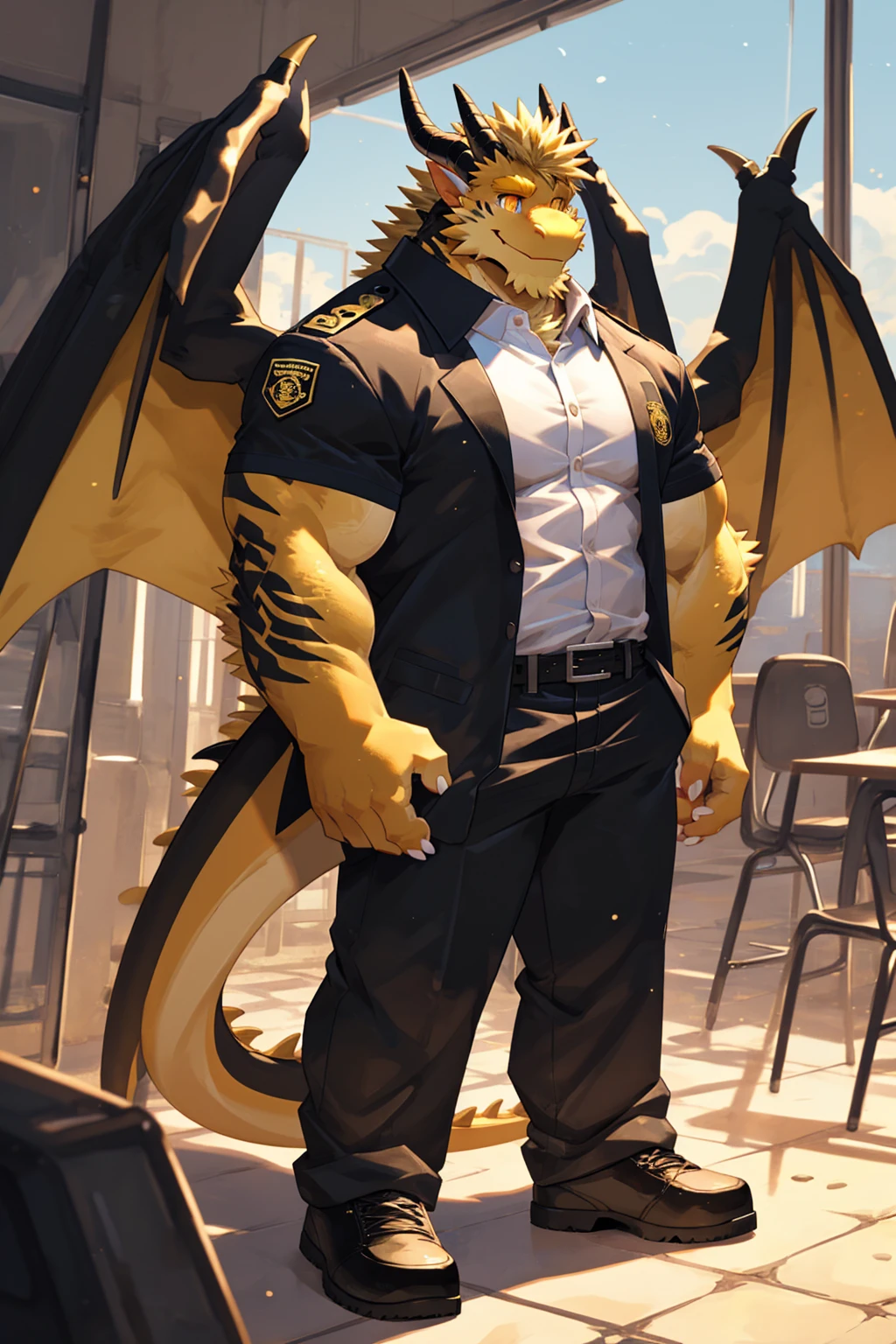 (sfw:1.5), male focus, security guard, Handsome 1boy, solitary，protrait photo, single, (White nails, White Paws:1.4), (blond hair:1.5), (Black and gold dragon wings, Huge black and gold dragon wings:1.3), Black and gold skin, (Black and gold tail:1.4), (Black horn, Black curved corners:1.4), (Black body:1.3), (All black:1.4), (Golden Chin, Golden neck:1.4), Golden chest, (perfect golden eyes:1.4), (Black scales:1.3), 
Western Dragon, dragon, dragon boy, dragon body, feet, (big eyes, large eyes:1.4), (Chubby face, The body is huge, Larger face:1.3), 
(Black short sleeve, White short-sleeved shirt, Black pants, Black short shoes, Black leather belt:1.4), 
(full body:1.3), (Mature men:1.4), (Strong body, muscle,Strong male:1.3), (Thick arms:1.3), (Standing:1.4), (Looking at the audience, Focus, Eyes gaze:1.2), (Smile:1.4), 
full background,ground, Blue sky, White Cloud, ground, School, School大门, security guard亭,
, Mysterious and romantic atmosphere, Caustic lines(refraction, polarization)Perfect anatomical structure, absurd, Detailed background, (Delicate eyes:1.3),Printing style。((artist:Takemoto Arashi))