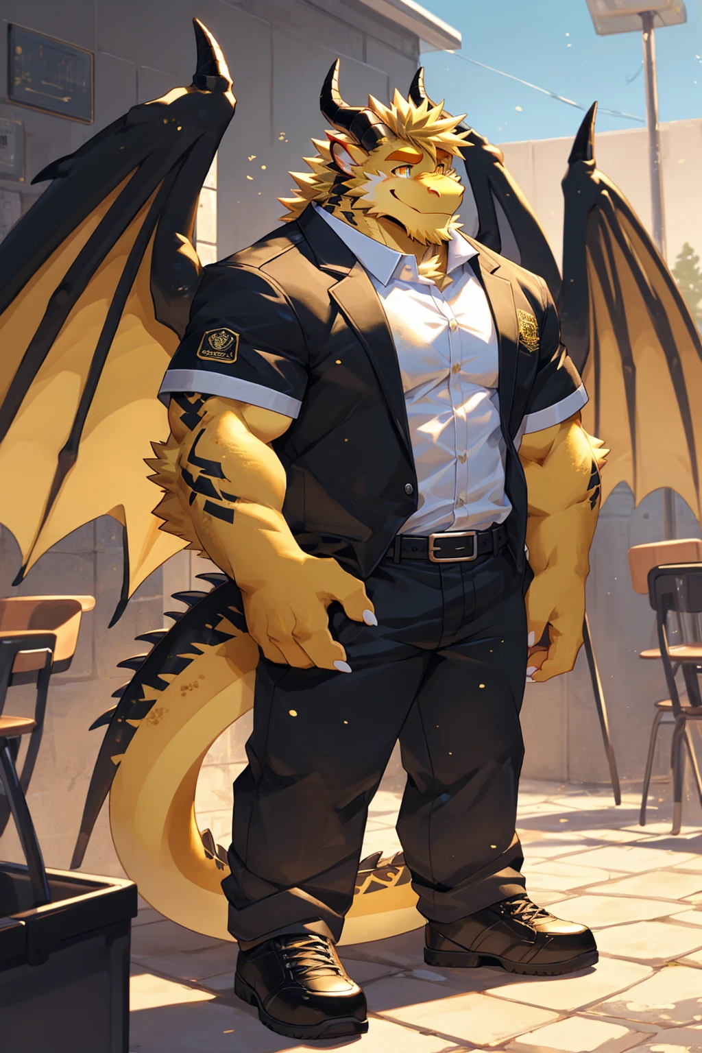 (sfw:1.5), male focus, security guard, Handsome 1boy, solitary，protrait photo, single, (White nails, White Paws:1.4), (blond hair:1.5), (Black and gold dragon wings, Huge black and gold dragon wings:1.3), Black and gold skin, (Black and gold tail:1.4), (Black horn, Black curved corners:1.4), (Black body:1.3), (All black:1.4), (Golden Chin, Golden neck:1.4), Golden chest, (perfect golden eyes:1.4), (Black scales:1.3), 
Western Dragon, dragon, dragon boy, dragon body, feet, (big eyes, large eyes:1.4), (Chubby face, The body is huge, Larger face:1.3), 
(Black short sleeve, White short-sleeved shirt, Black pants, Black short shoes, Black leather belt:1.4), 
(full body:1.3), (Mature men:1.4), (Strong body, muscle,Strong male:1.3), (Thick arms:1.3), (Standing:1.4), (Looking at the audience, Focus, Eyes gaze:1.2), (Smile:1.4), 
full background,ground, Blue sky, White Cloud, ground, School, School大门, security guard亭,
, Mysterious and romantic atmosphere, Caustic lines(refraction, polarization)Perfect anatomical structure, absurd, Detailed background, (Delicate eyes:1.3),Printing style。((artist:Takemoto Arashi))