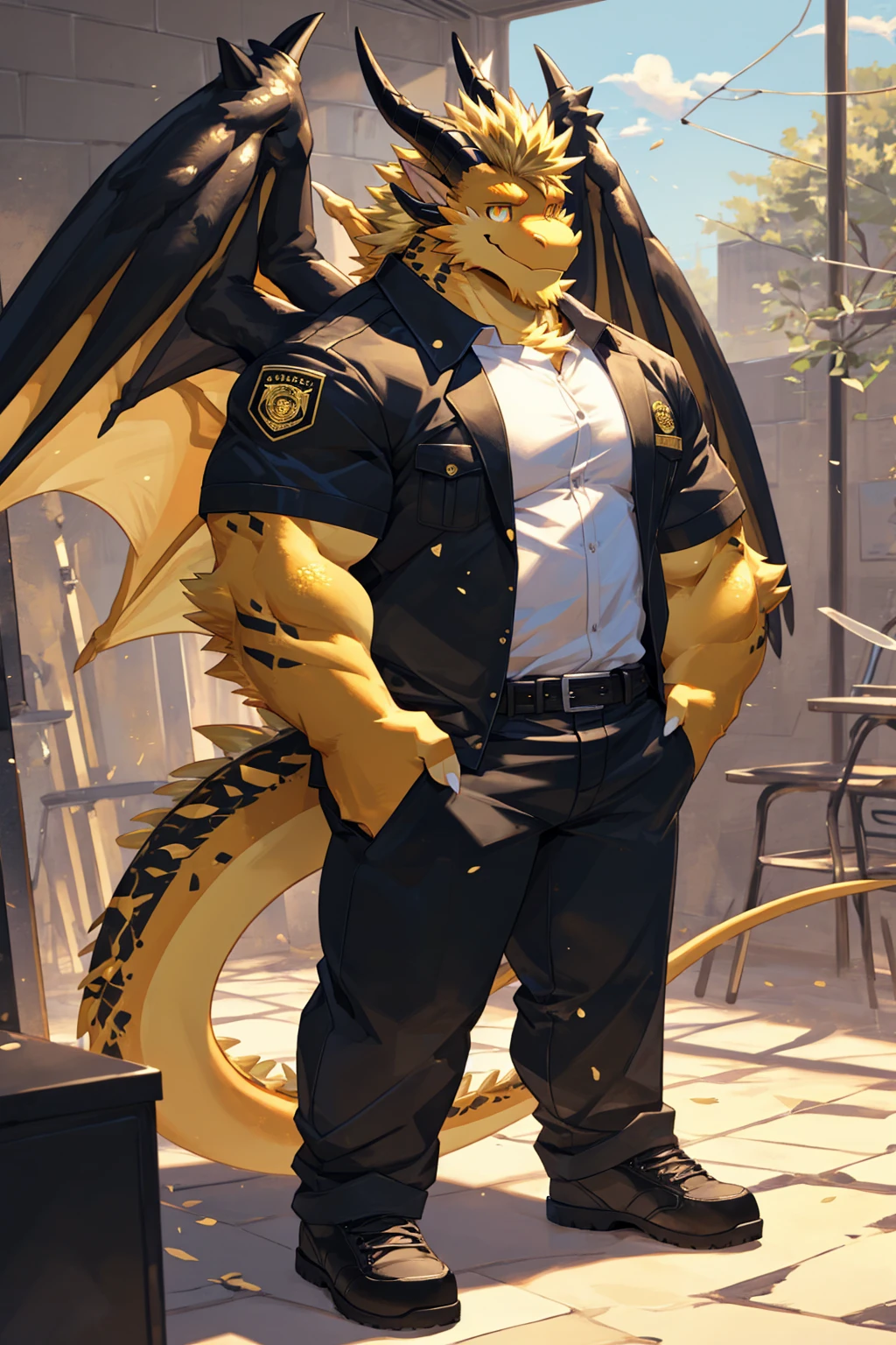 (sfw:1.5), male focus, security guard, Handsome 1boy, solitary，protrait photo, single, (White nails, White Paws:1.4), (blond hair:1.5), (Black and gold dragon wings, Huge black and gold dragon wings:1.3), Black and gold skin, (Black and gold tail:1.4), (Black horn, Black curved corners:1.4), (Black body:1.3), (All black:1.4), (Golden Chin, Golden neck:1.4), Golden chest, (perfect golden eyes:1.4), (Black scales:1.3), 
Western Dragon, dragon, dragon boy, dragon body, feet, (big eyes, large eyes:1.4), (Chubby face, The body is huge, Larger face:1.3), 
(Black short sleeve, White short-sleeved shirt, Black pants, Black short shoes, Black leather belt:1.4), 
(full body:1.3), (Mature men:1.4), (Strong body, muscle,Strong male:1.3), (Thick arms:1.3), (Standing:1.4), (Looking at the audience, Focus, Eyes gaze:1.2), (Smile:1.4), 
full background,ground, Blue sky, White Cloud, ground, School, School大门, security guard亭,
, Mysterious and romantic atmosphere, Caustic lines(refraction, polarization)Perfect anatomical structure, absurd, Detailed background, (Delicate eyes:1.3),Printing style。((artist:Takemoto Arashi))