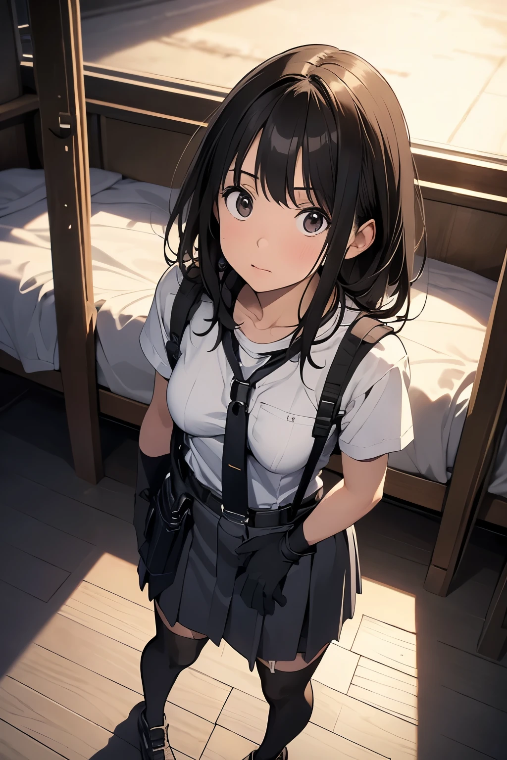 high quality, masterpiece, Ultra-high resolution, (realism: 1.4), Oil painting style, Cinema Lighting, , I stood on the empty asphalt road and looked at it., And the suspenders with the cranes flying Large Breasts Small face holster Lying in bed Looking up Sweat belt summer 脇Sweat Black Hole Gloves suit mini skirt garterbelt Leg Links ズボンにbelt holster Hands behind your back Anxious expression Looking up Anxious face Knee-high Knee socks Knee-highソックス garterbelt garter ふとももにgarterbelt