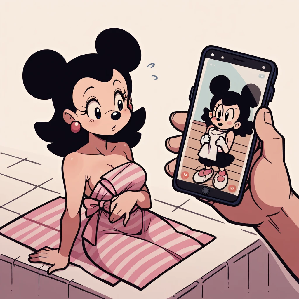 (score_9, score_8_up), Minnie Mouse, wrapped in towel, medium breasts, holding phone