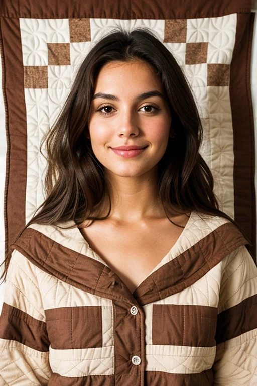 A face of a brunette with brown eyes and a well-made up quilt