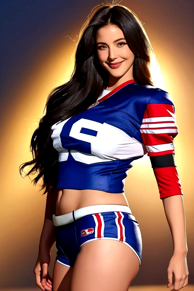 "Create an image of a beautiful American woman in her 20s or 30s. She has long, flowing hair and is wearing a american-football uniform. hot pants and bikini. The jacket is open at the chest.Her body is glamorous with large breasts and a big butt. She has a smiling.The whole body is shown.