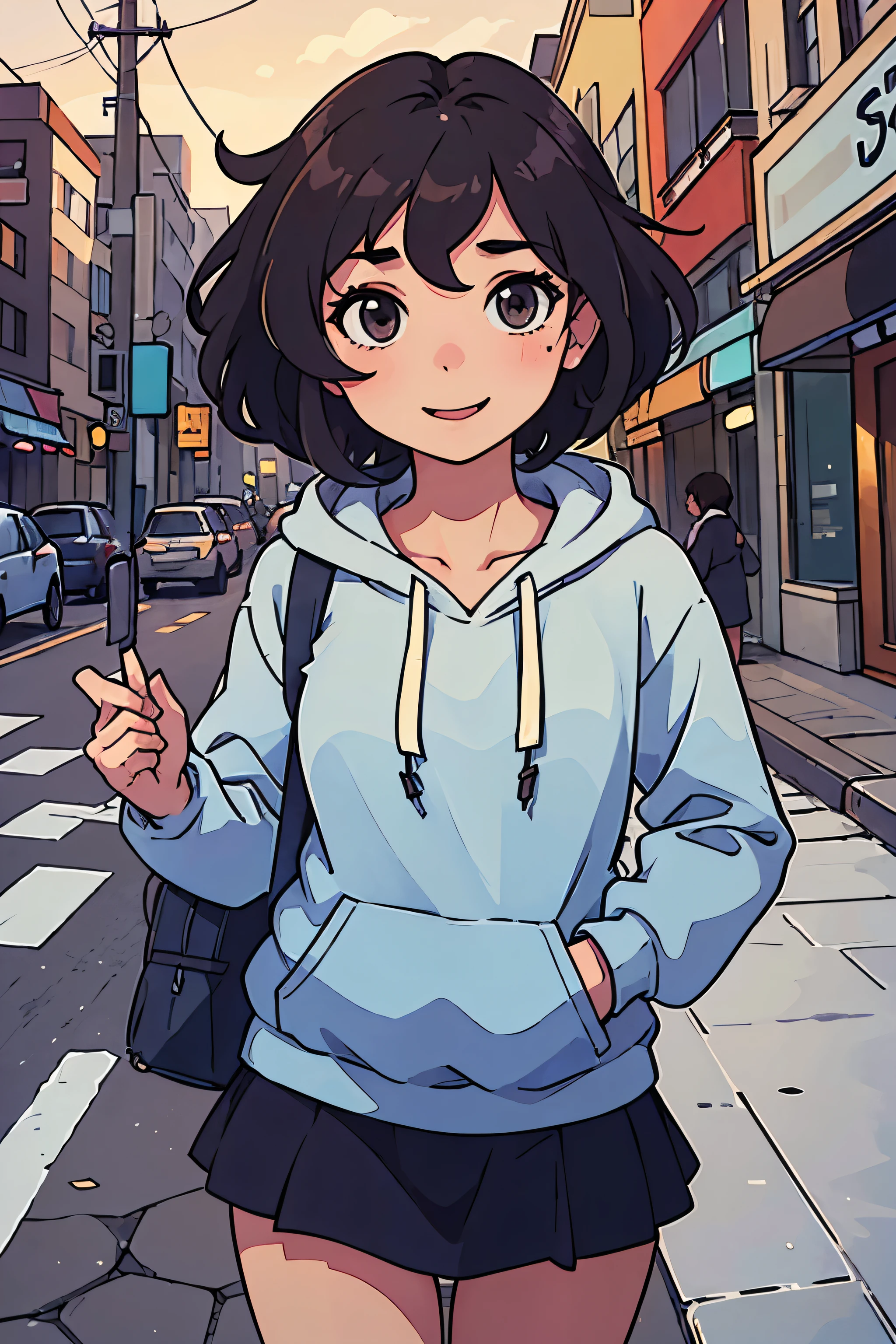 (best quality:0.8) perfect anime illustration, a pretty, happy woman with short curly brown hair on the street in the city, wearing a hoodie, skirt
