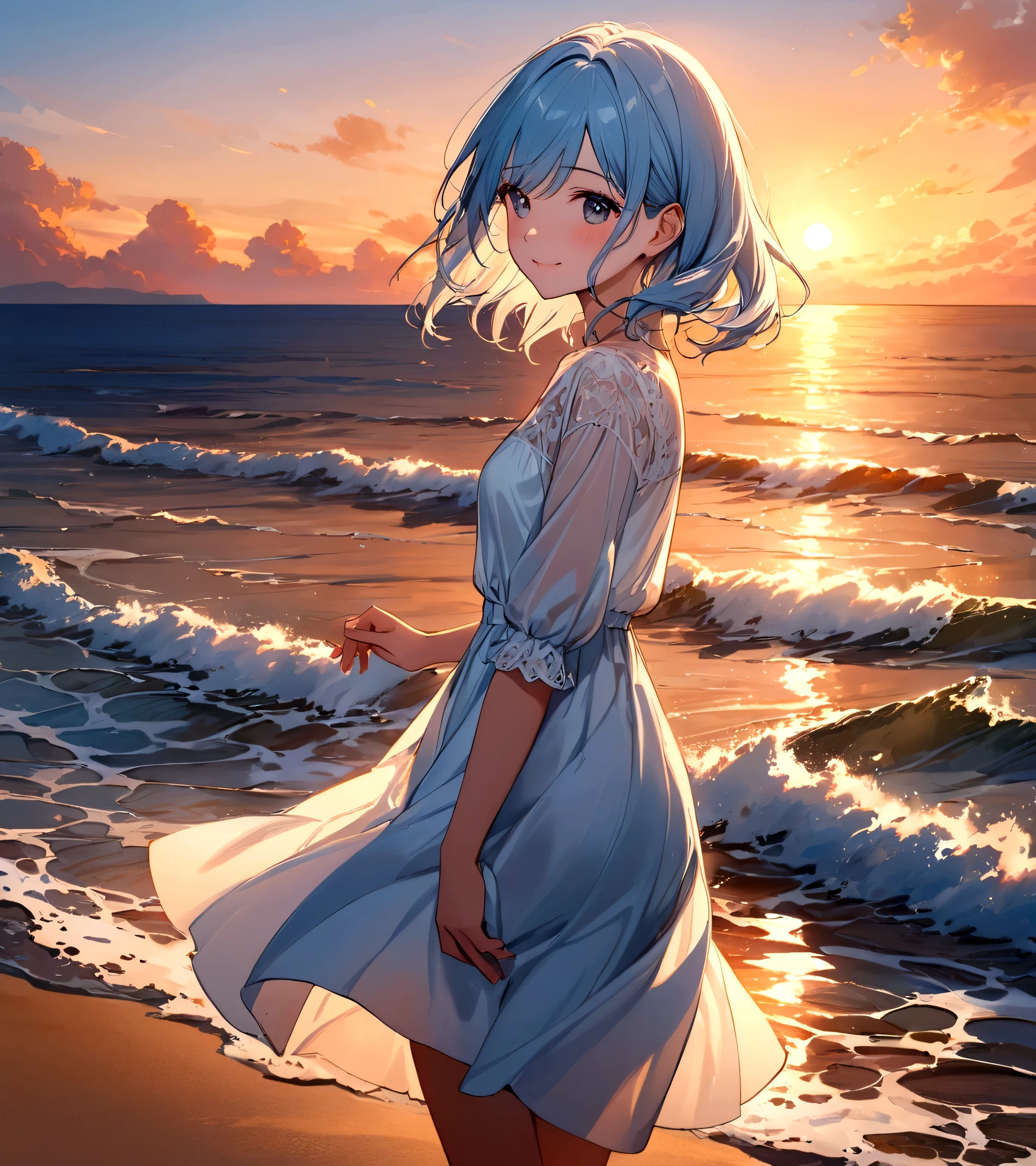 masterpiece, Highest quality, Movie stills, One girl,Standing on the shore of the ocean, close, bright, Happy, Warm and soft lighting, sunset,Light blue hair,Short body,