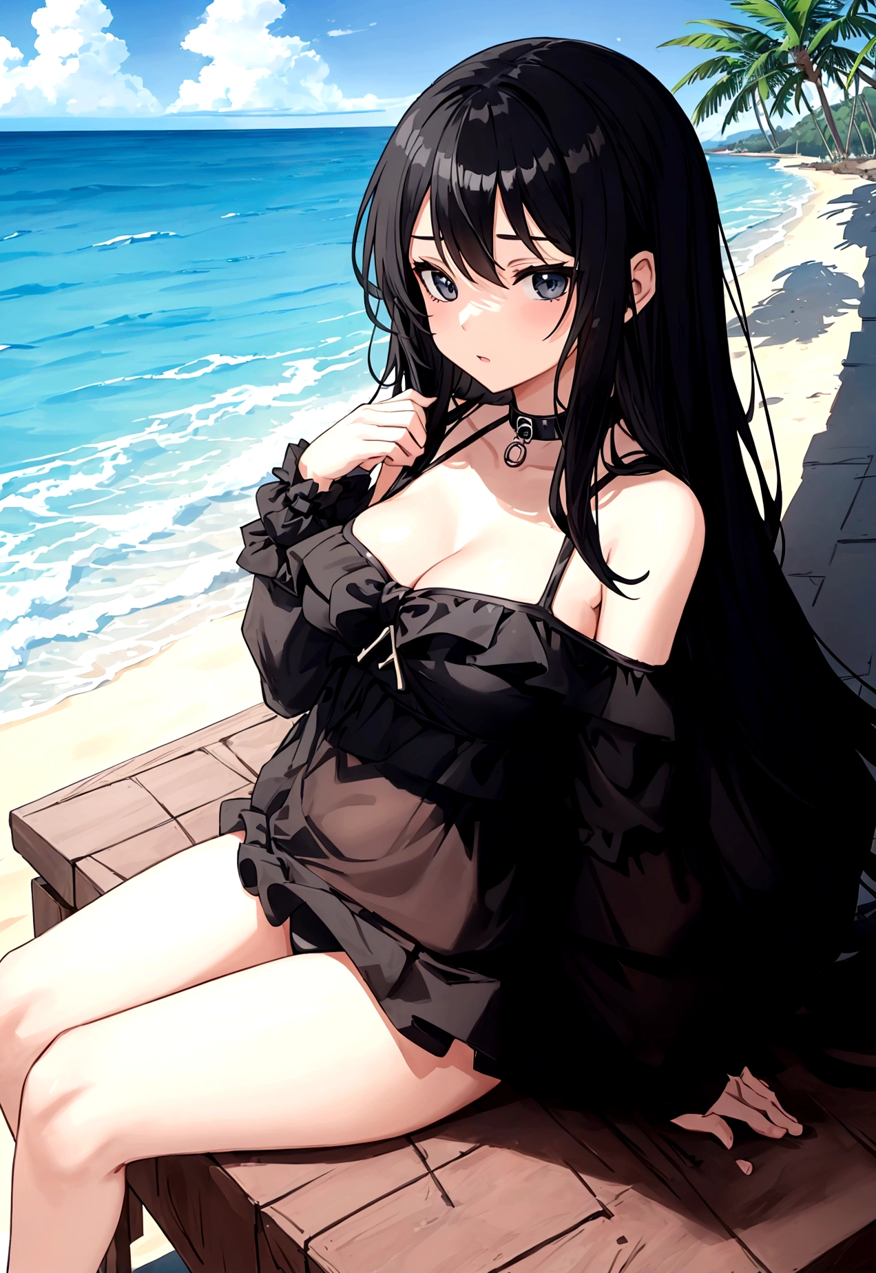 Girl in black swimsuit,at the seaside,Sitting,Bikini,Large ,Black long hair girl,National Trend,Beach,Coconut Tree,whole body,Vision