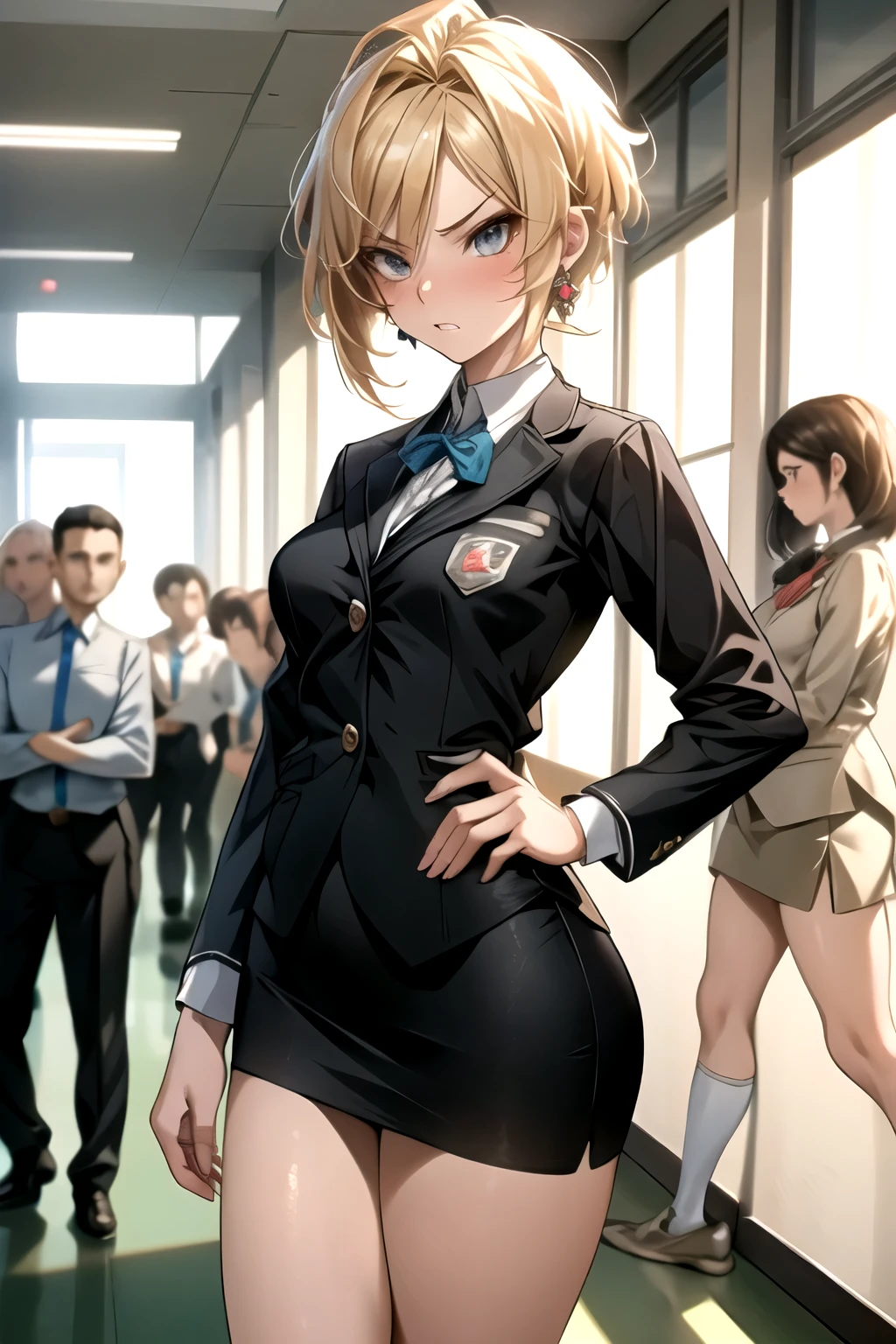 ((best quality)), ((Masterpiece)), (details:1.4), 3d，The clothes are tight., mature woman, teacher, fierce, earring, Very angry., short hair, blonde hair, Shiny skin, fine hair, ใบหน้าที่มีdetails, school hallway, morning, business suit, white shirt, pencil skirt, short skirt, Very accurate and detailed background., Crowds of female students in uniforms with various body shapes and hairstyles,