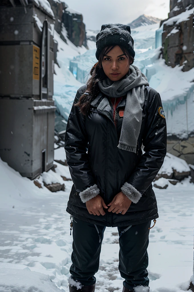 Lara Croft climbing the mount everest, snow clothes, glacier, ice, snowing, cold weather, storming
