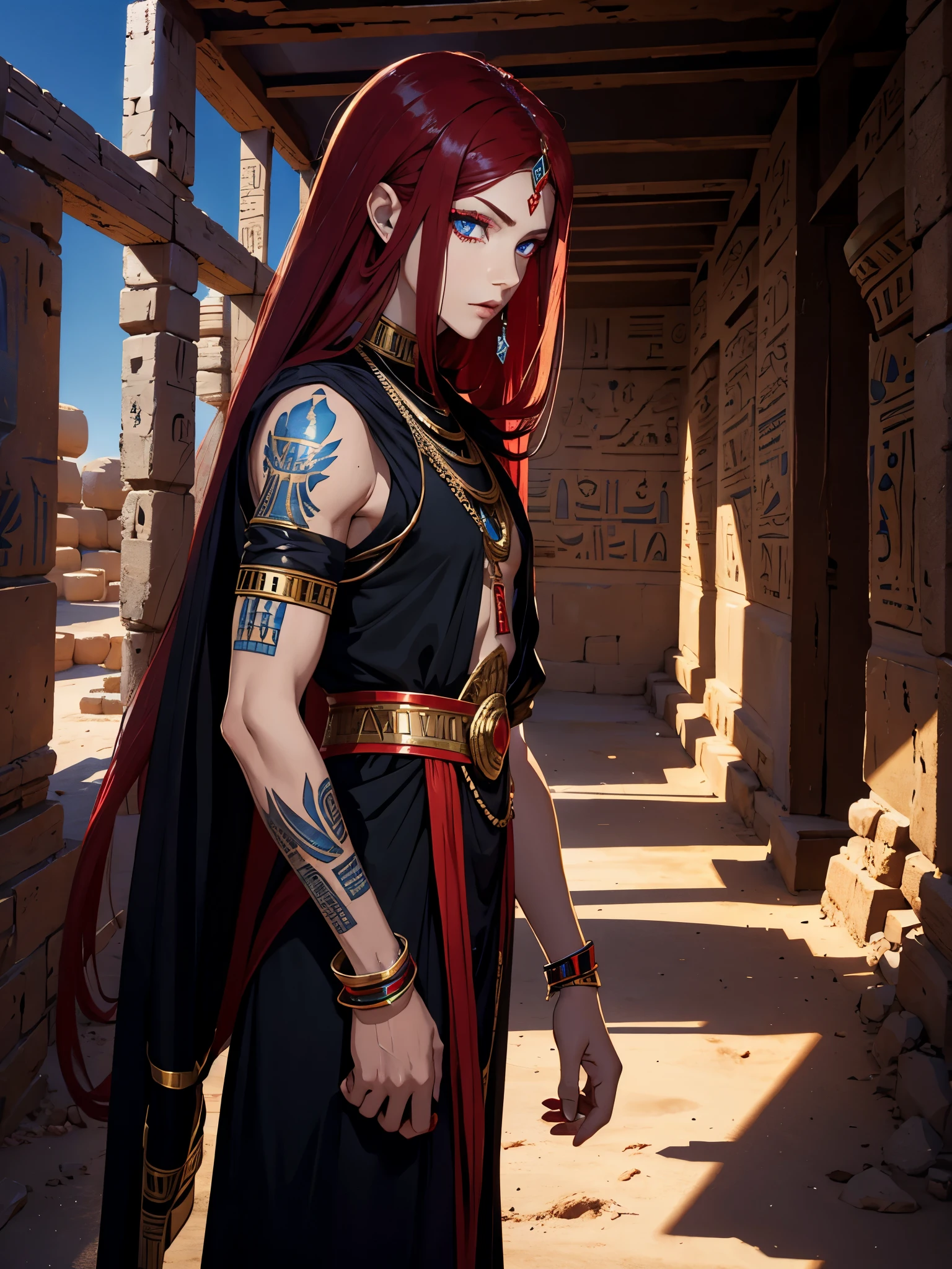 Egyptian deity Seth. long red hair, black colored clothes, red clothes. silver jewelry. light skin. Desert. Thron. Tattoos, Egyptian. blue eyes. Rotes Make Up.