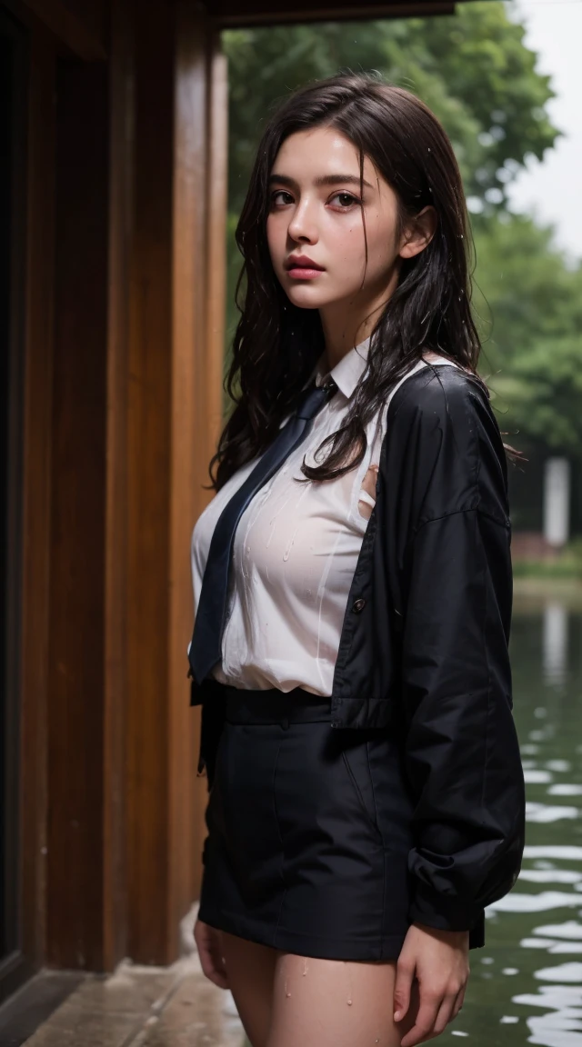 (nude)(Highest quality, masterpiece),1 Girl, Long black hair, uniform, shy, blush, Wet, rain, transparent, (masterpiece, Highest quality), Soft Light, Structure of the film, Cinematic Light