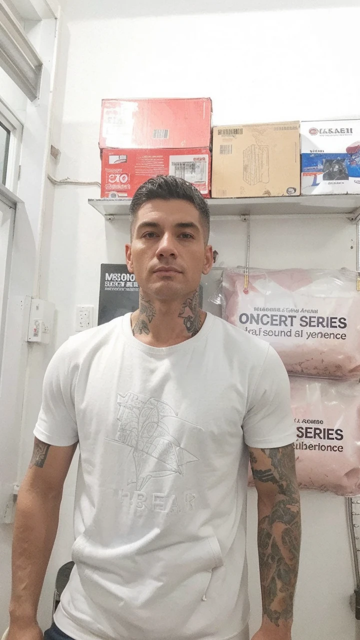 Help me create some thick white hoodie models with male models over 45 years old with muscular tattoos and street style. frontal position
