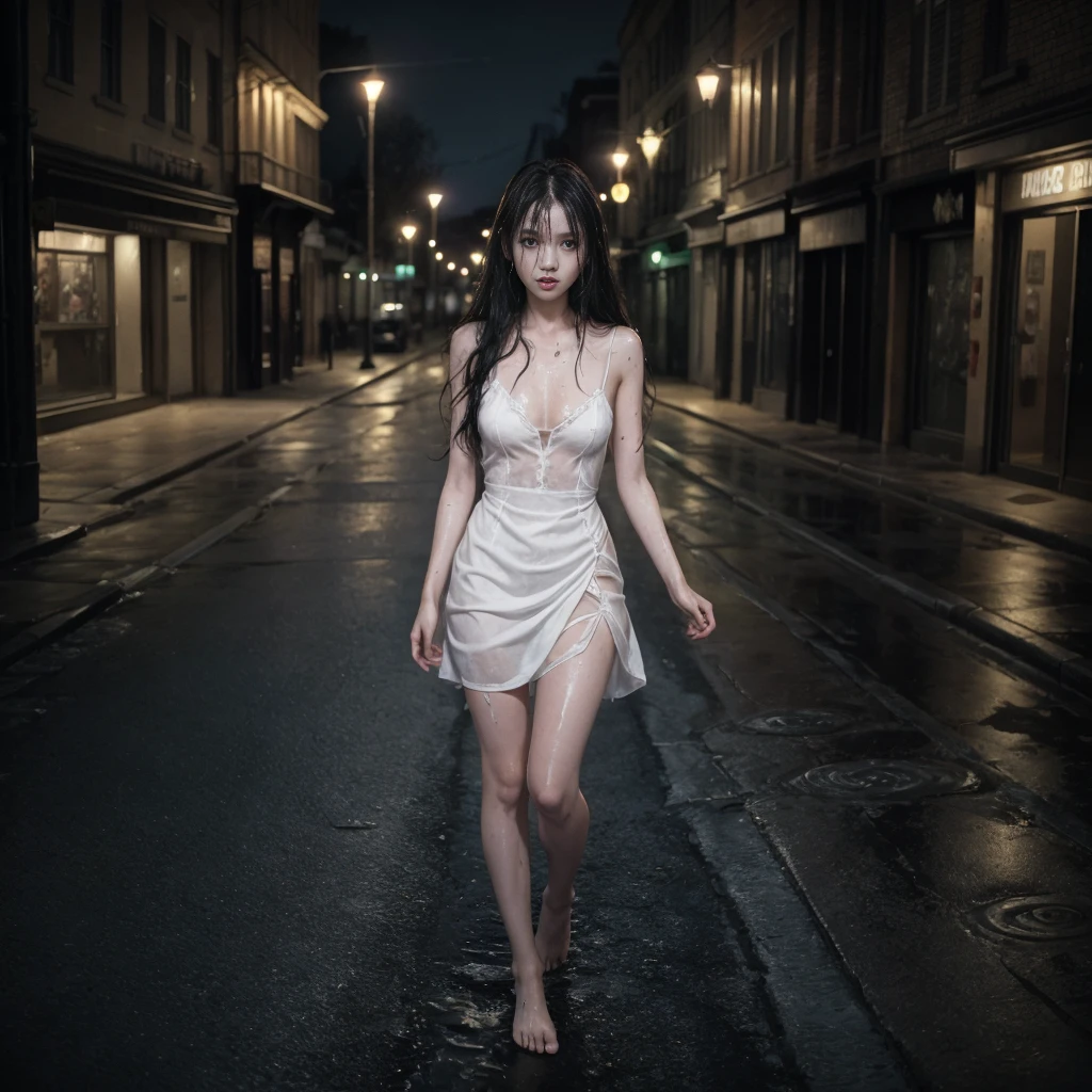 a beautiful girl in a white dress, black stockings, barefoot with long black tangled wet hair walks through an empty city at night, there are a lot of zombies behind her