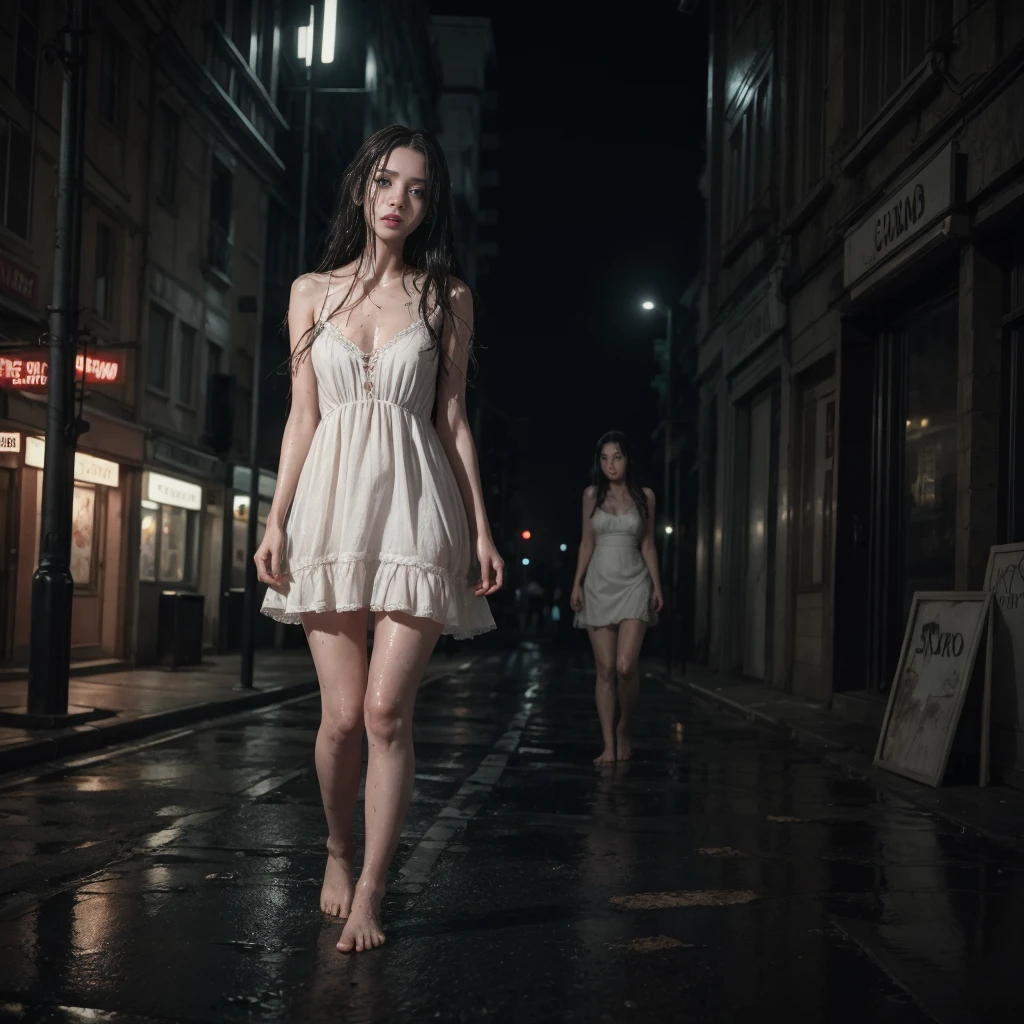 a beautiful girl in a white dress, black stockings, barefoot with long black tangled wet hair walks through an empty city at night, there are a lot of zombies behind her