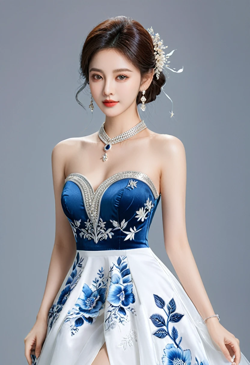 Realistic photo style, whole body 사진에 아름다운 아시아 소녀가 등장합니다., Wearing a unique ethnic style evening gown with delicate skin., bright and lively eyes, Thick eyelashes that look especially attractive. Long dresses are slim and elegant., Eye-catching silver jewelry and alcohol. The high-collar design adds an elegant atmosphere., Color of blue and white porcelain. using light and shadow, The vivid and harmonious appearance of the protagonist is highlighted... whole body, (masterpiece, best quality, professional, perfect composition, very aesthetic, absurd, very detailed, intricate details:1.3)