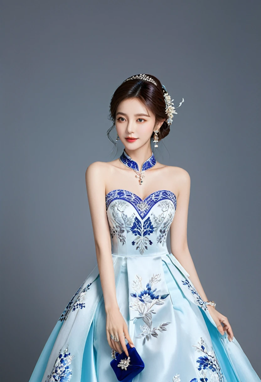 Realistic photo style, whole body 사진에 아름다운 아시아 소녀가 등장합니다., Wearing a unique ethnic style evening gown with delicate skin., bright and lively eyes, Thick eyelashes that look especially attractive. Long dresses are slim and elegant., Eye-catching silver jewelry and alcohol. The high-collar design adds an elegant atmosphere., Color of blue and white porcelain. using light and shadow, The vivid and harmonious appearance of the protagonist is highlighted... whole body, (masterpiece, best quality, professional, perfect composition, very aesthetic, absurd, very detailed, intricate details:1.3)