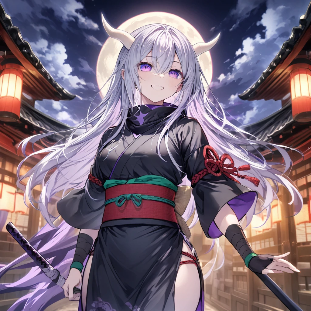 Long silver hair, smile
, black ninja, full moon, purple eyes, white horns