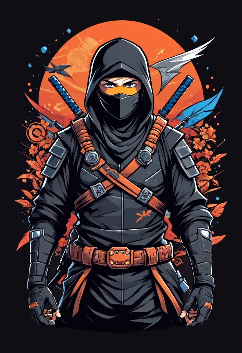 ninja futurist, t shirt design, flat-colors, vector, ((black backdrop)) . awardwinning, proffesional, highy detailed