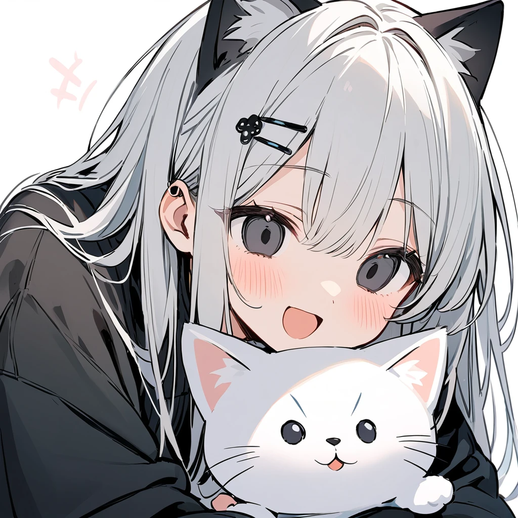 long hair, White hair, black inner hair, open mouth, smile, flustered, Illustration where the pupil does not overlap the lower lash line, The lower half of the eye is white, vacant eyes, black eyes, oversized clothes, sleeves past wrists, , black cardigan, black ribbon, piercing, stuffed animal, White background, 1girl, cat ear，solo, hairpin，Take a picture herself