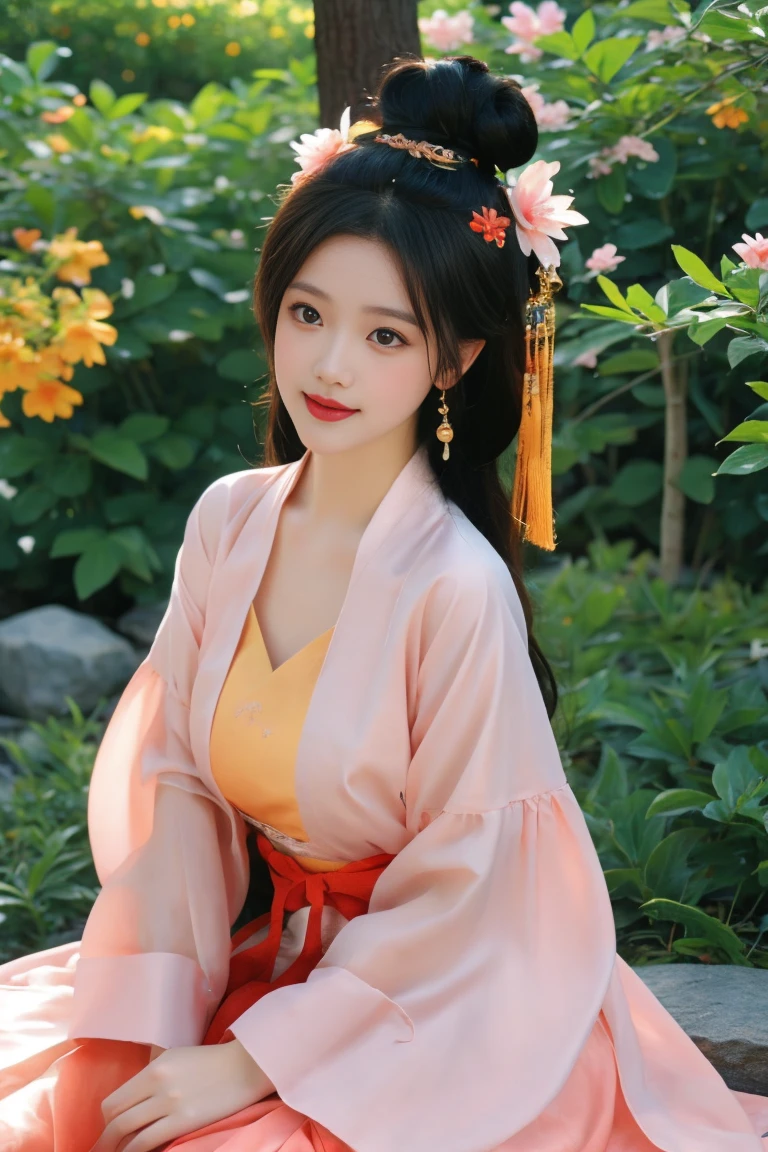 best quality, tmasterpiece,Ultra-high resolution,Clear face,(Reality:1.4),ferpect lighting,(full body photo), (photorealistic:1.50), anime wallpaper, Guviz style artwork, cover-up fantasy up to magic , by Yang J, Guviz, beautiful artwork illustration, beautiful digital artwork, beautiful digital illustration, Li Song, beautiful anime portrait, art style in Beauvot, 1girl, 独奏, yellow eyes, Double eyelids, Blush, Cheeks flushed, 24yo chinese female,
Hanfu-song, Hanfu, song theme, chinese clothes, multicolored dress,
jewelry, flower earrings, hair ornament, necklace, hair flower,
long hair, single hair bun, updo, hair up,
looking at viewer, light smile, full body, sitting on rock, adjusting hair,
flower, photo background, outdoors, butterfly, tree, peach blossom, wind, falling petals,