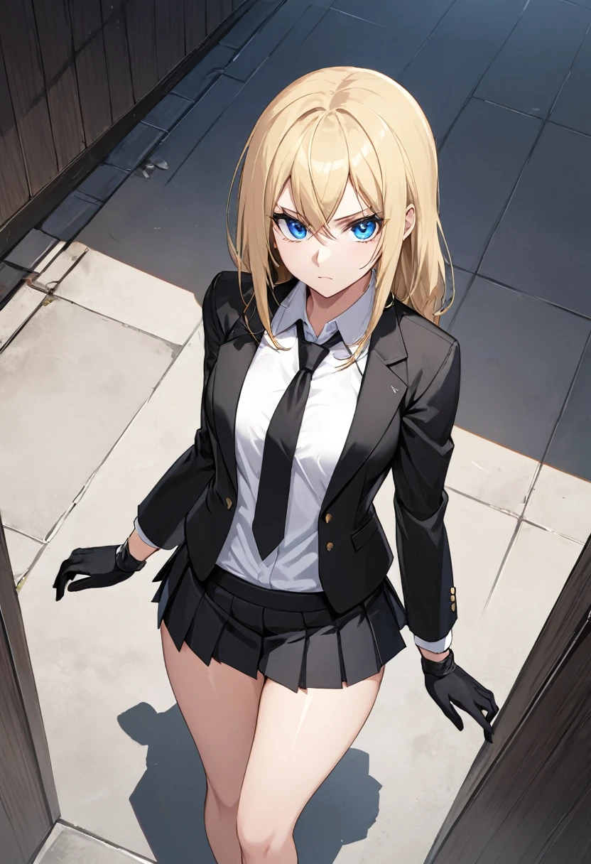 Black miniskirt , black shoes , white dress shirt , View from above , assassin , black shorts blazer , black long tie , whole body , bare legs , thighs , whole body , pleated skirt , Black gloves , standing posture , blonde hair , blue eyes
