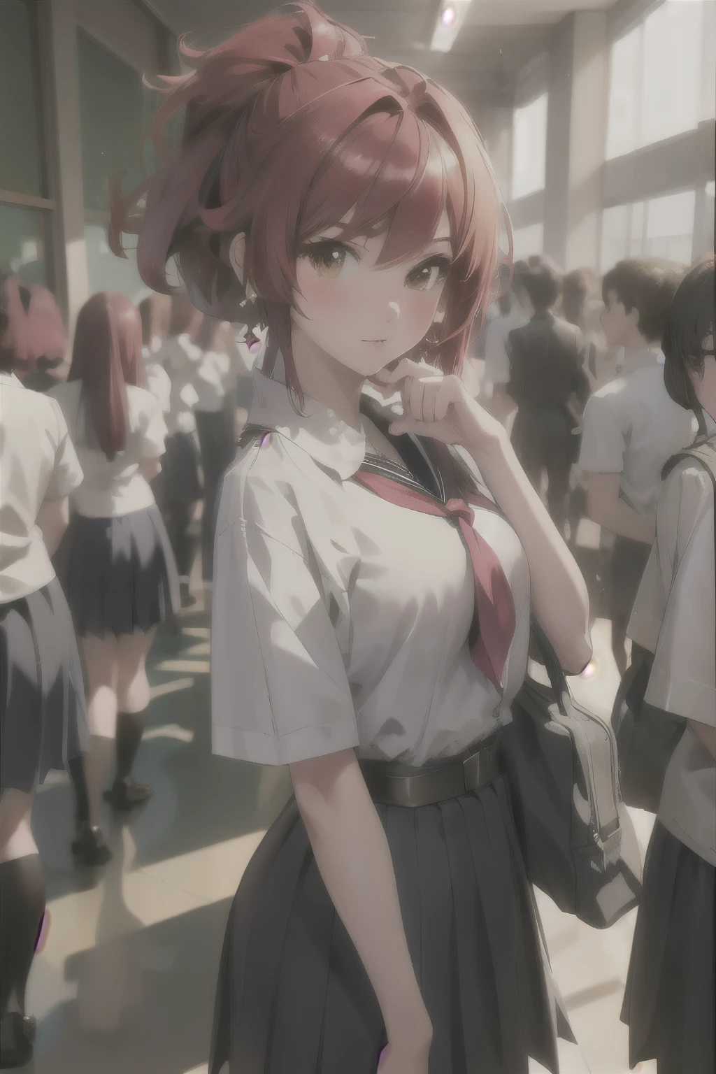 ((best quality)), ((Masterpiece)), (details:1.4), 3d,Large clothing, high school girl, fierce, earring, short hair, red hair, Shiny skin, fine hair, ใบหน้าที่มีdetails, school corridor, morning, Very accurate and detailed background., Crowds of female students in uniforms with various body shapes and hairstyles,
