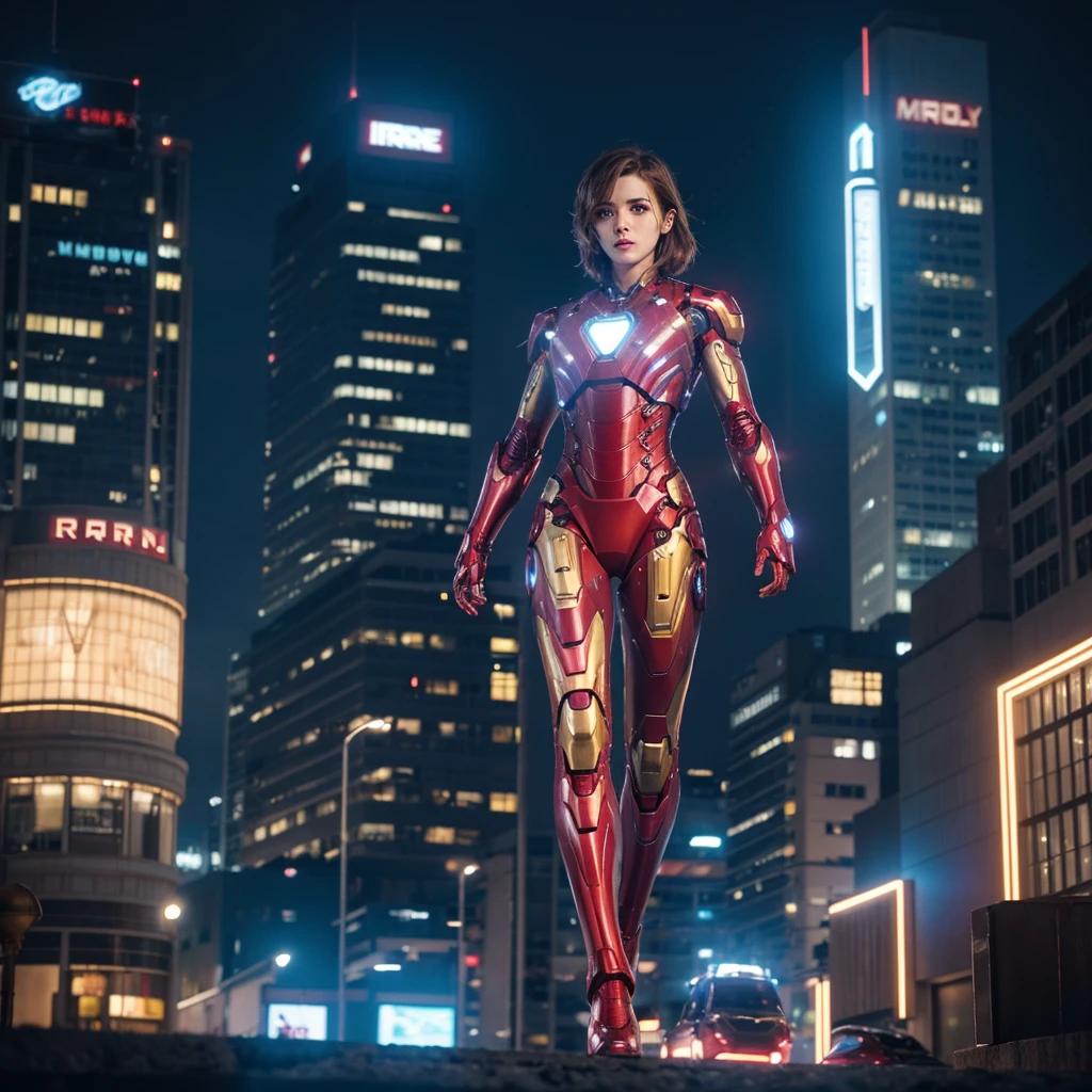 araffed woman in a suit of iron man standing in front of a building, iron man, like ironman, cyberpunk iron man, ironman, hq 4k wallpaper, emma watson as iron man, cinematic body shot, cinematic full body shot, hero pose colorful city lighting, marvel style, covered in full metal armor, hq 4k phone wallpaper