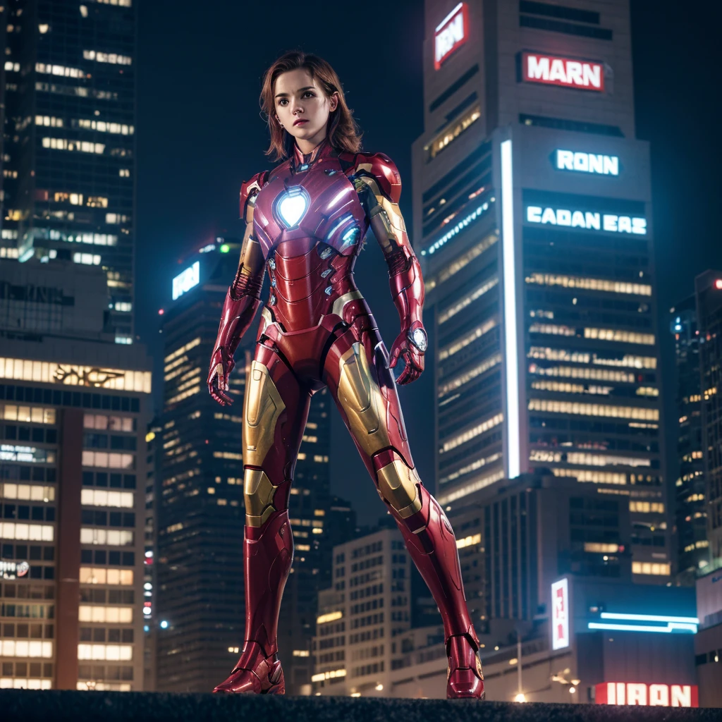 araffed woman in a suit of iron man standing in front of a building, iron man, like ironman, cyberpunk iron man, ironman, hq 4k wallpaper, emma watson as iron man, cinematic body shot, cinematic full body shot, hero pose colorful city lighting, marvel style, covered in full metal armor, hq 4k phone wallpaper