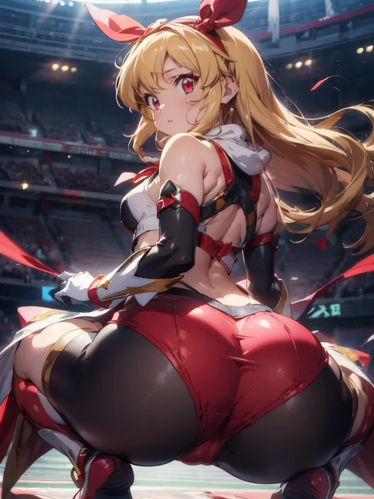 there is a cartoon female in white hot pants with her hip sticking out, (((raise ASS:1.7)),back shot,close up ass,(RED Ribbon on HAIRband:1.2),aikatsu,1 girls,in senki zesshou symphogear style , Blonde long hair,black and RED battle suit,BREAK,ultra-definition, high resolution, ultra-detail CG,caustics, Live stage, in front of super large vision, singing, Battle pose,thgear, 1girl, solo, tachibana hibiki (symphogear), medium breasts, navel, headgear, gloves, gauntlets, body suit, shorts, white scarf,Ichigo Hoshimiya (Aikatsu!),sitting, squating, looking down, look at the viewer, from below