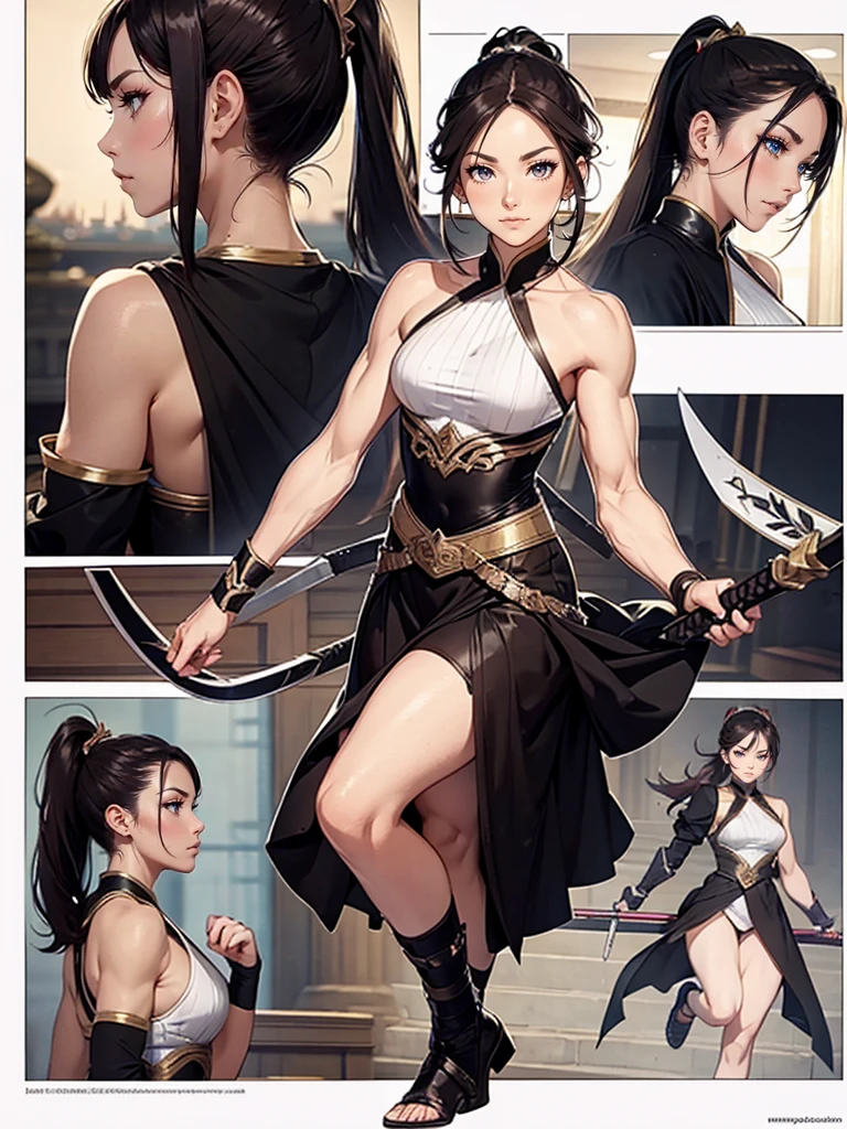 (masterpiece), 3 women, best quality, expressive eyes, perfect face(masterpiece), best quality, expressive eyes, perfect face, Female warrior, short black hair, scar on left eye, bronze skin, red lips, amber eyes, muscular, wide hips, large breasts, holding a sword, red cape torn shoulder, arm sleeves, belt on legs, steel plate boots, steel plate gauntlets, chocker, breast plate, pussy plate, body scars, 