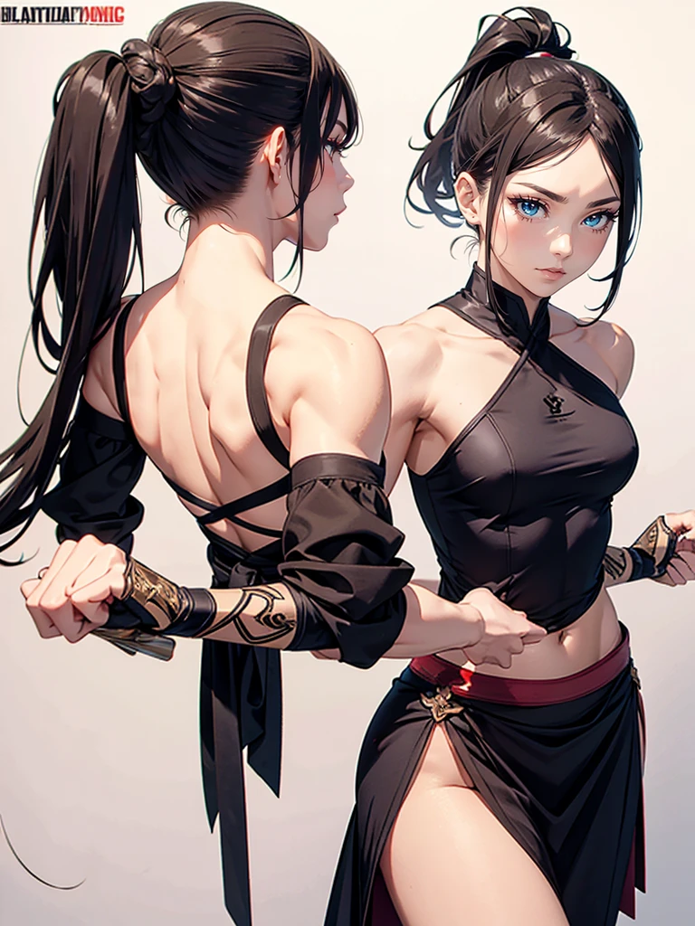 Muscular female, full body, ponytail, makeup , best quality, blade dancer, sect princess, cultivator, floating swords, full body, character sheet, elegent clothing, flowing clothing, martial artist, skirt