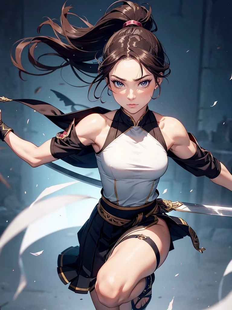 Muscular female, full body, ponytail, makeup , best quality, blade dancer, sect princess, cultivator, floating swords, full body, character sheet, elegent clothing, flowing clothing, martial artist, skirt