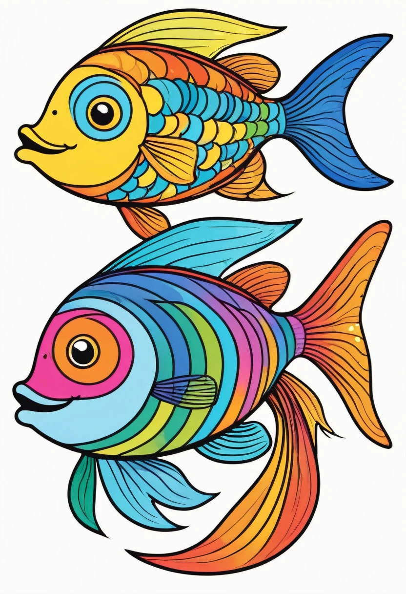 happy multicolored fish, Doodle style, outline, vector, white background