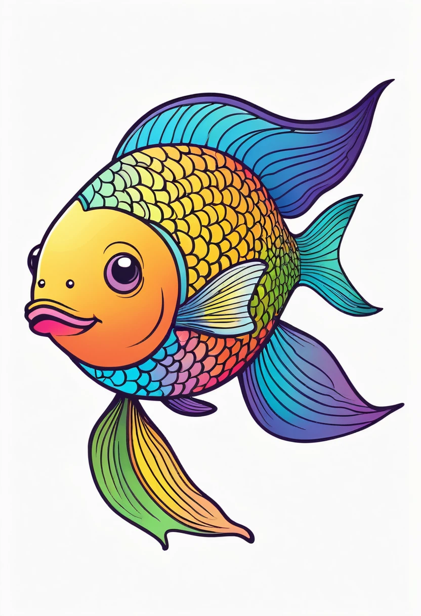 happy multicolored fish, Doodle style, outline, vector, white background