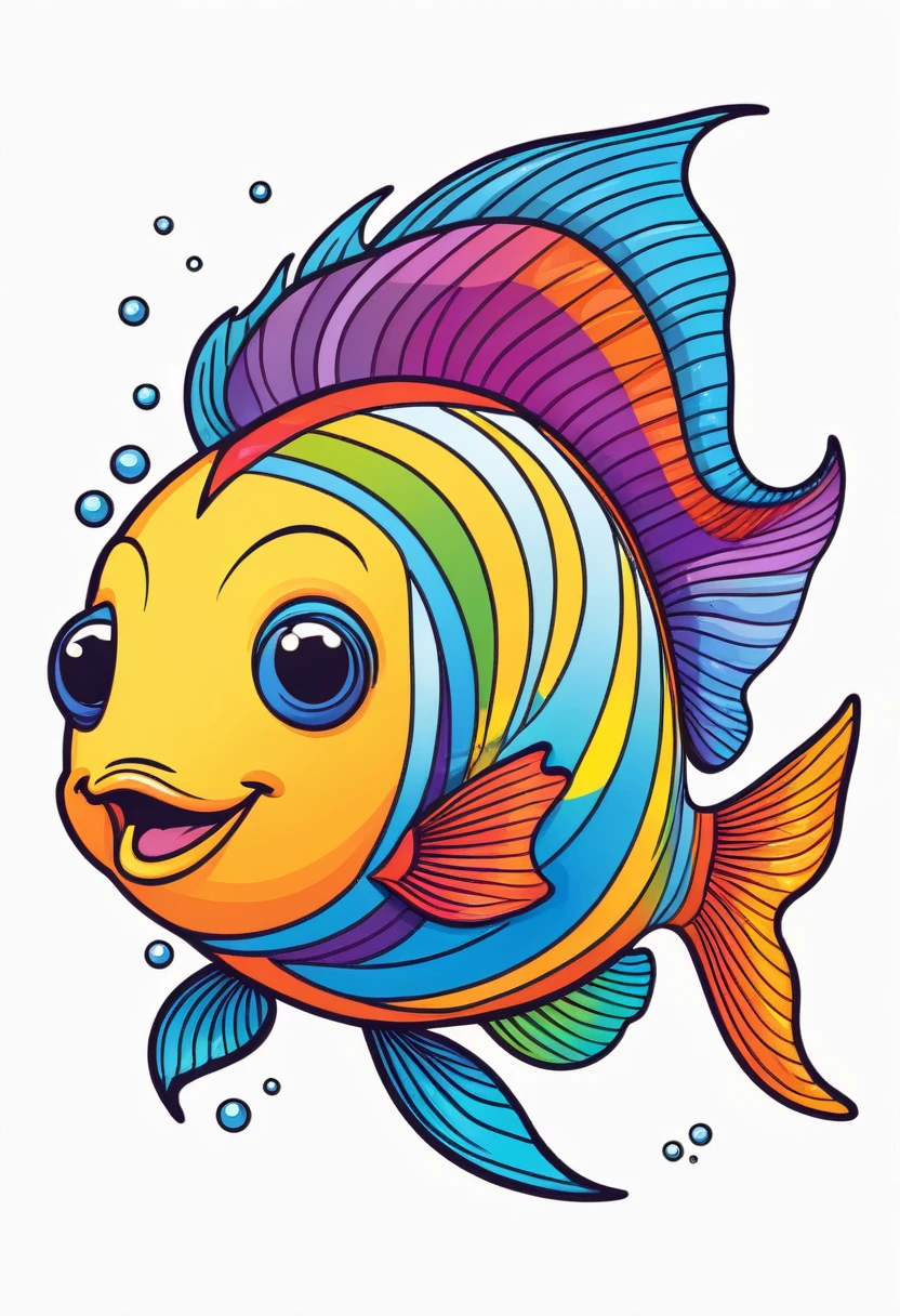 happy multicolored fish, Doodle style, outline, vector, white background