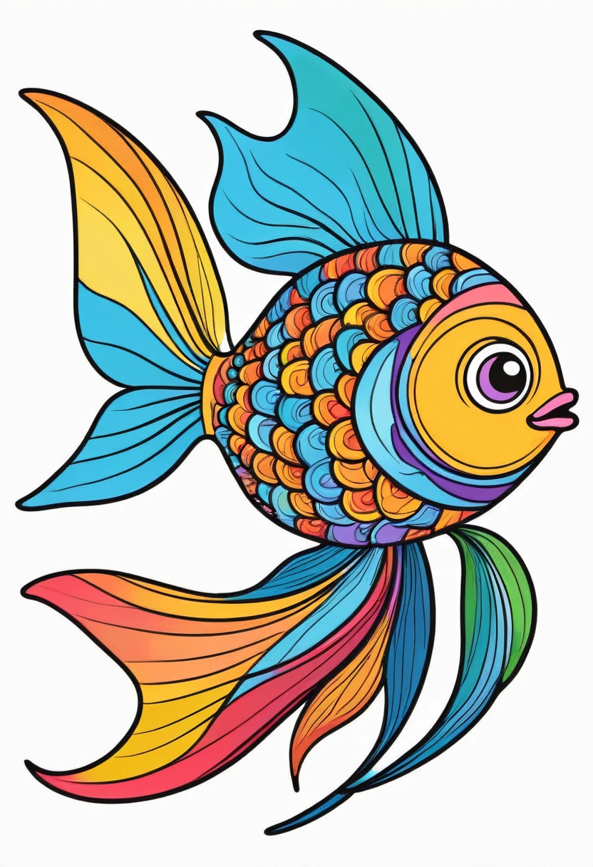 happy multicolored fish, Doodle style, outline, vector, white background