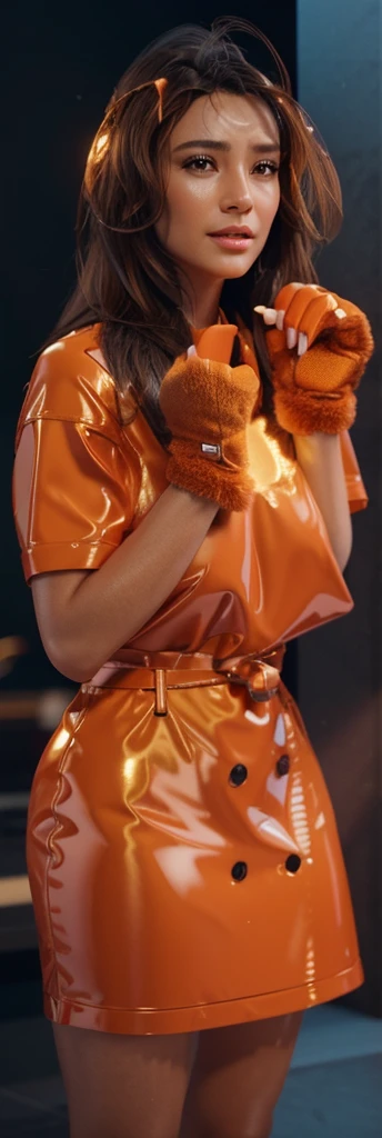 The image shows a person wearing a bright orange shirt and holding a pair of furry gloves, smooth 3d model, glossy plastic texture, multiple light sources, rim light, sharp post effects render, most beautiful vfx, , realistic, 4k, high resolution, rim light, smooth 3d model. , glossy texture, smooth 3d model, multiple light sources, rim light, sharp post effects render, (glossy plastic texture with multiple big light probe refractions), perfect cgi, reflective, best quality, 4k, masterpiece:1.2, ultra-detailed, realistic, vivid colors, The image of the highest quality, ensuring every detail showcased perfectly. It in 4k resolution, allowing viewers to immerse themselves in the richness of the colors and intricate details. The realistic rendering. under the spotlight, reflecting, high-resolution image, realistic rendering
