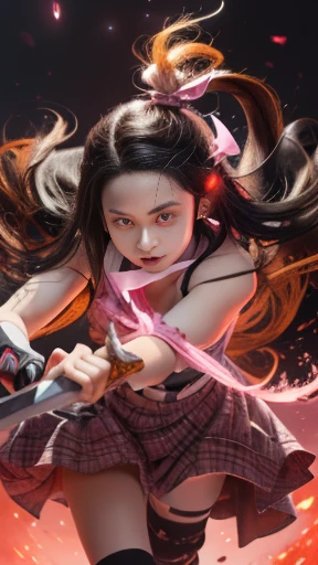 A girl in pink clothes is holding a sword in her hand, nezuko, nezuko-chan, Demon slayer rui fanart, Demon slayer artstyle, Official Anime Artwork, Official Art, Official Artwork, Demon slayer, Ayaka Genshin Impact, tanjiro kamado, Kimetsu no Yaiba, Anime Cover, high detailed Official Artwork