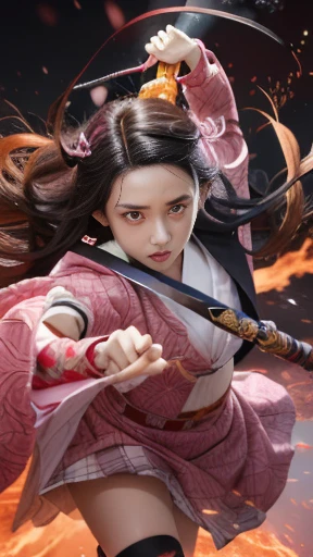 A girl in pink clothes is holding a sword in her hand, nezuko, nezuko-chan, Demon slayer rui fanart, Demon slayer artstyle, Official Anime Artwork, Official Art, Official Artwork, Demon slayer, Ayaka Genshin Impact, tanjiro kamado, Kimetsu no Yaiba, Anime Cover, high detailed Official Artwork
