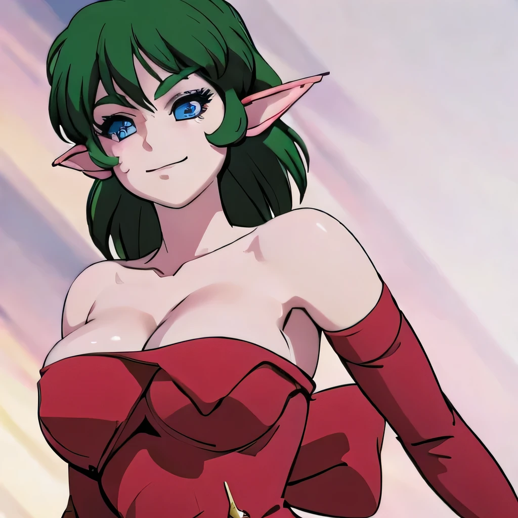  ((masterpiece,best quality,ultra-delicate,Perfect Face,16k,high resolution,very beautiful girl)),medium short green hair, seductive pose,Red strapless bodycon tube dress ,Red long arm sleeves,red high heels,Elf Girl,huge Breasts,blue eyes,Beautiful smile,20 years old