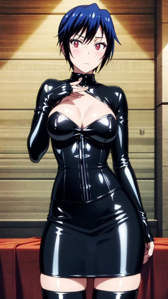 masterpiece, highest quality, High resolution, highly detailed face, Detailed CG, blue hair, red eyes, short hair,large breasts, (Long gloves covered in black latex all the way to the fingertips), (Black latex corset dress), (Halter neck corset dress), (Black latex tight mini skirt), (Black thigh-high boots),blush, stylish pose, stylish angle, looking at the viewer, in the center of the image, cowboy shot,