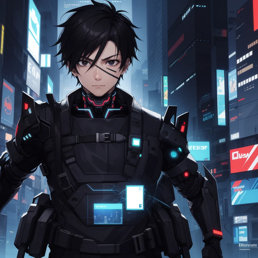 cyber punk, city, 1boy, black hair, black eyes, cyborg