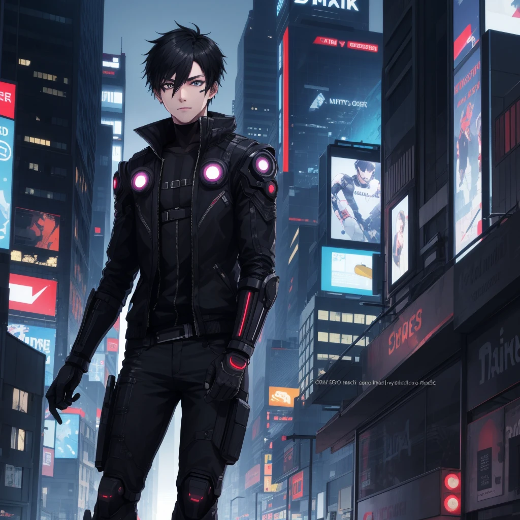 cyber punk, city, 1boy, black hair, black eyes, cyborg