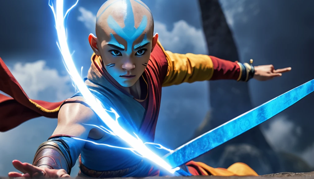 Make a realistic representation of Aang, the last airbender, with the dark blue arrow on his forehead, showing his mastery of all bending elements while in the powerful Avatar state. Ultra detailed, HD, 8K