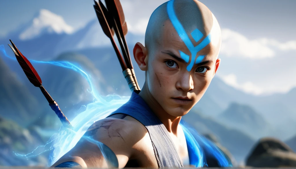 Make a realistic representation of Aang, the last airbender, with the dark blue arrow on his forehead, showing his mastery of all bending elements while in the powerful Avatar state. Ultra detailed, HD, 8K
