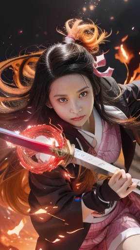 A girl in pink clothes is holding a sword in her hand, nezuko, nezuko-chan, Demon slayer rui fanart, Demon slayer artstyle, Official Anime Artwork, Official Art, Official Artwork, Demon slayer, Ayaka Genshin Impact, tanjiro kamado, Kimetsu no Yaiba, Anime Cover, high detailed Official Artwork