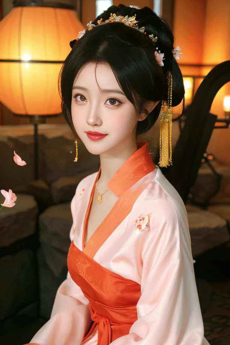 best quality, tmasterpiece,Ultra-high resolution,Clear face,(Reality:1.4),ferpect lighting,(full body photo), (photorealistic:1.50), anime wallpaper, Guviz style artwork, cover-up fantasy up to magic , by Yang J, Guviz, beautiful artwork illustration, beautiful digital artwork, beautiful digital illustration, Li Song, beautiful anime portrait, art style in Beauvot, 1girl, 独奏, yellow eyes, Double eyelids, Blush, Cheeks flushed, 24yo chinese female,
Hanfu-song, Hanfu, song theme, chinese clothes, multicolored dress,
jewelry, flower earrings, hair ornament, necklace, hair flower,
long hair, single hair bun, updo, hair up,
looking at viewer, light smile, full body, sitting on rock, adjusting hair,
flower, photo background, outdoors, butterfly, tree, peach blossom, wind, falling petals, standing,