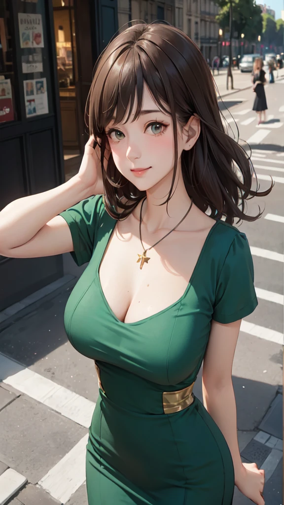 1 Woman Standing, young woman, /(Sailor suit/) /(Navy blue short pleated skirt/), (Brown Hair/) bangs, A gentle blushing smile, (Masterpiece Top quality:1.2) Delicate illustrations, super detailed, Large Breasts, Lower your arms BREAK /(Streets of Shibuya/), Detailed Background