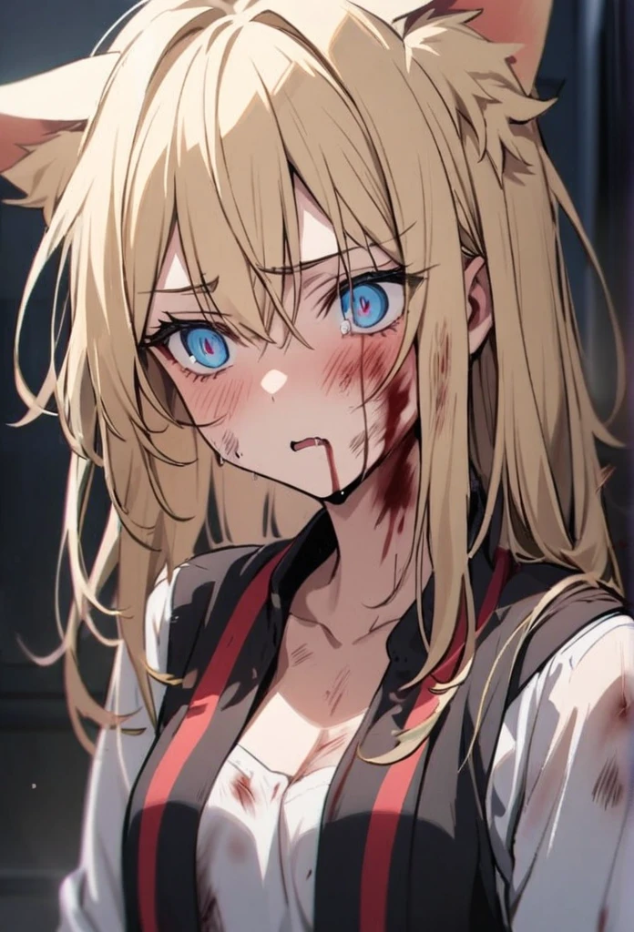 Girl, blond hair, blue eyes, blooding, injured, cat ears, đie