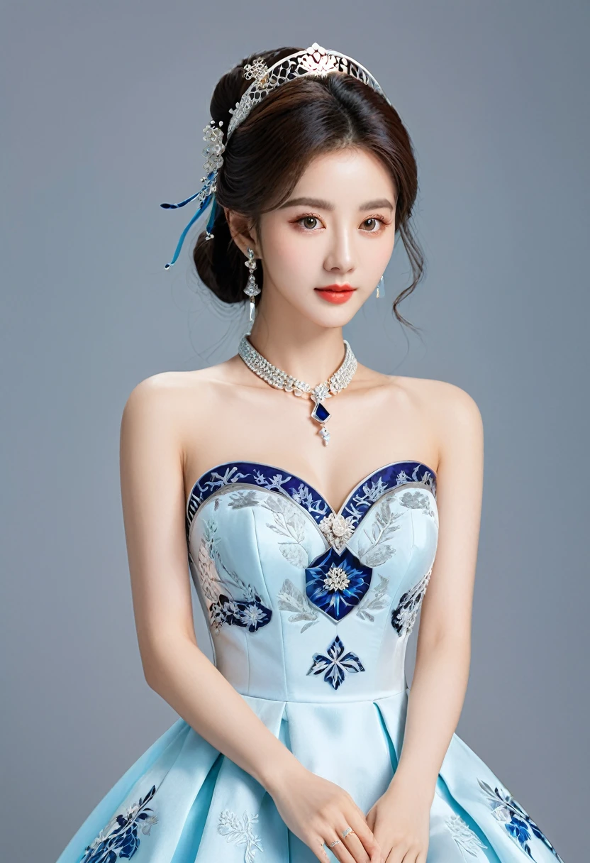Realistic photo style, whole body 사진에 아름다운 아시아 소녀가 등장합니다., Wearing a unique ethnic style evening gown with delicate skin., bright and lively eyes, Thick eyelashes that look especially attractive. Long dresses are slim and elegant., Eye-catching silver jewelry and alcohol. The high-collar design adds an elegant atmosphere., Color of blue and white porcelain. using light and shadow, The vivid and harmonious appearance of the protagonist is highlighted... whole body, (masterpiece, best quality, professional, perfect composition, very aesthetic, absurd, very detailed, intricate details:1.3)